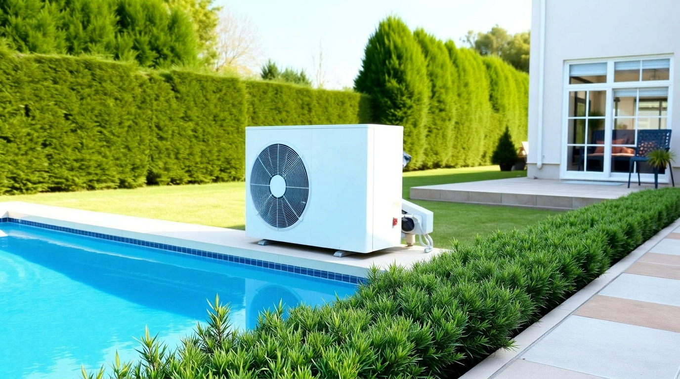 Pool heat pump installed beside residential outdoor swimming pool